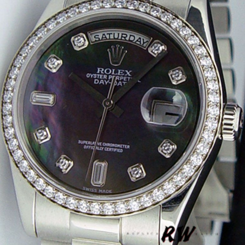 Rolex Day Date 118346 Black MOP Dial Platinum 36mm Unisex Replica Watch - Replica Factory