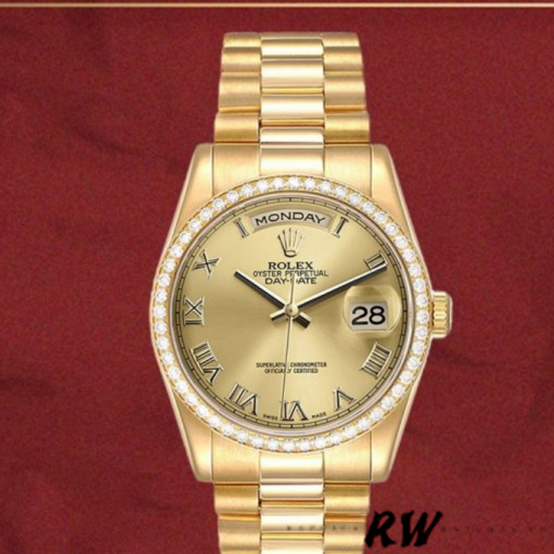 Rolex Day Date 118348 Champagne dial Yellow Gold 36mm Unisex Replica Watch - Replica Factory