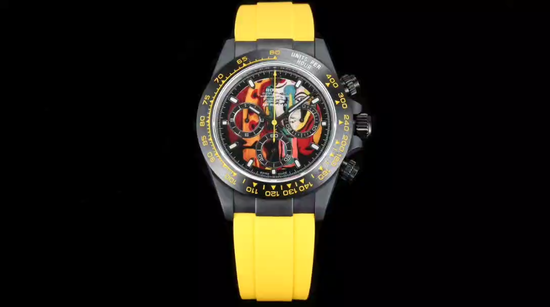 Video of Rolex Daytona AET Picasso Crossover showing yellow strap on black background. - Video