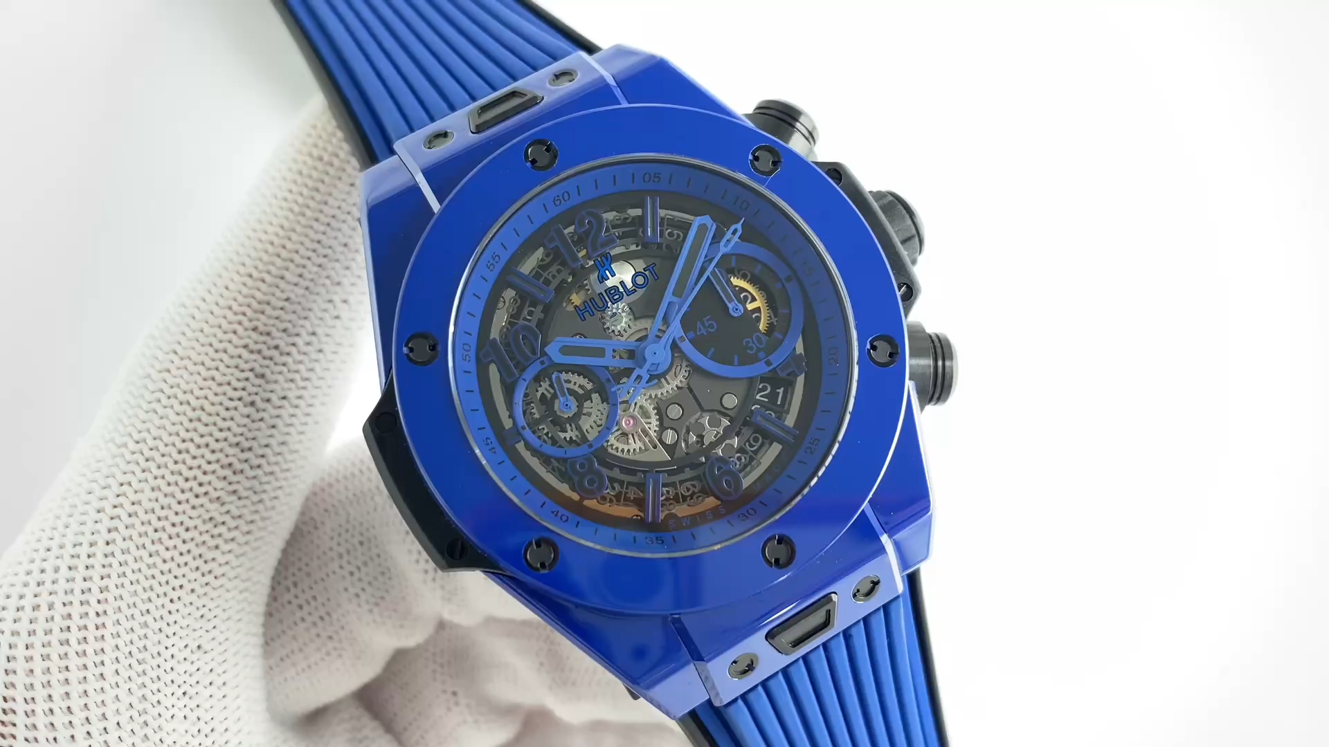 Wrist shot (video) of Hublot 411.ES.5119.RX Big Bang Unico Blue Magic 42mm on blue strap. - Video