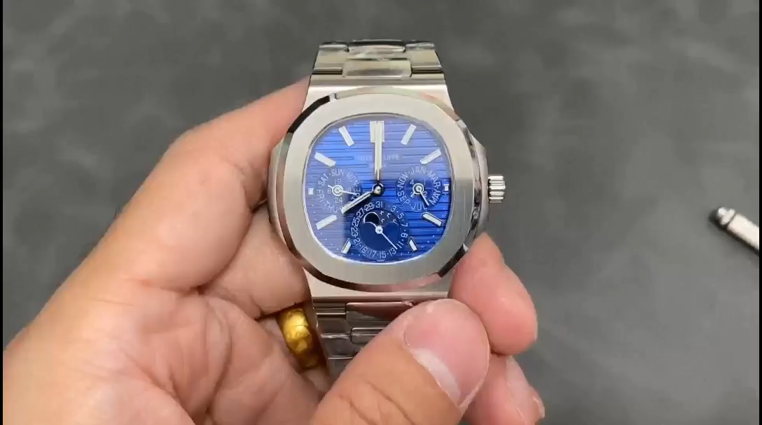 Hand-held video shot of the Patek Philippe Nautilus 5740 1G 001 showing the blue dial and bracelet. - Video