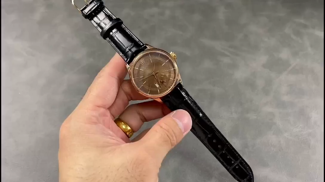 Rolex Cellini Dual Time 50525 Brown Guilloche Dial Black Leather Strap 39mm Mens Replica Watch - Video