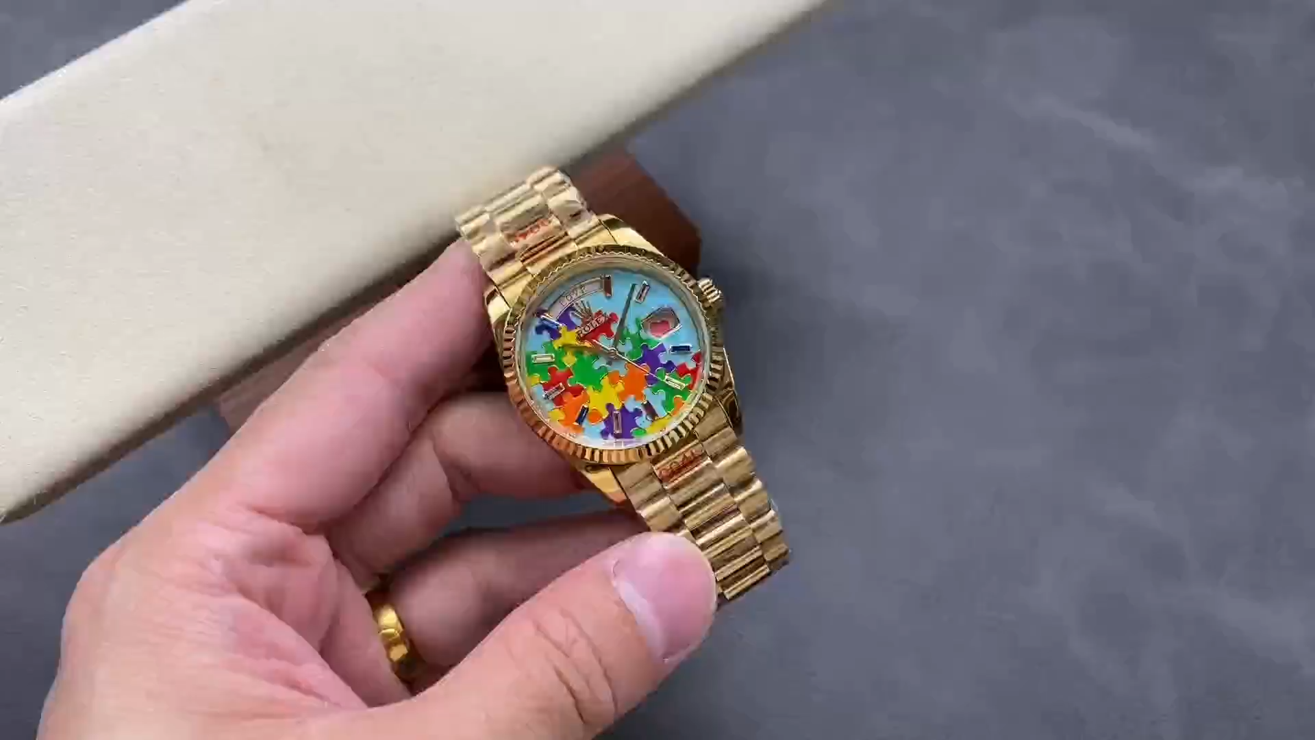 Rolex Day Date 128238-0106 36mm Yellow Gold Fluted Bezel Emoji Puzzle Dial - Replica Factory