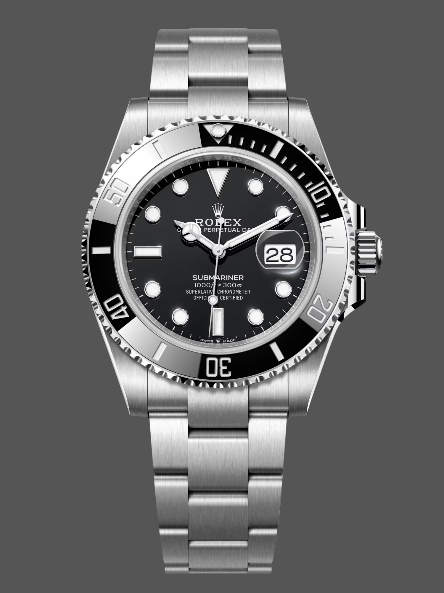 Rolex Submariner 126610LN 0001 front view, black dial and black bezel on Oyster bracelet. - Front view