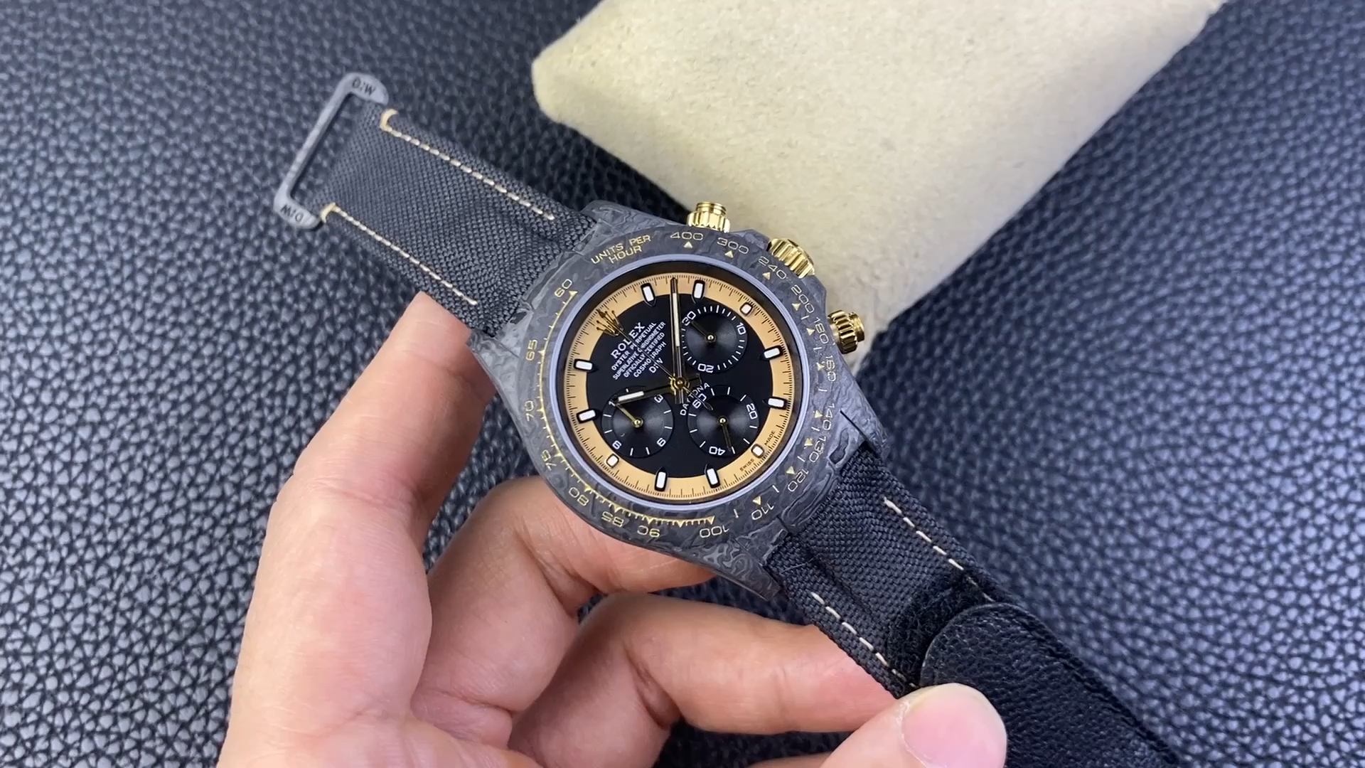Rolex Cosmograph Daytona DiW Essence Carbon Fiber, in-hand video on fabric strap. - Video