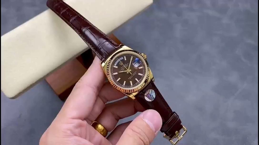 Rolex Day Date 36 Yellow Gold Chocolate Dial 118138 0005 Leather Watch - Replica Factory
