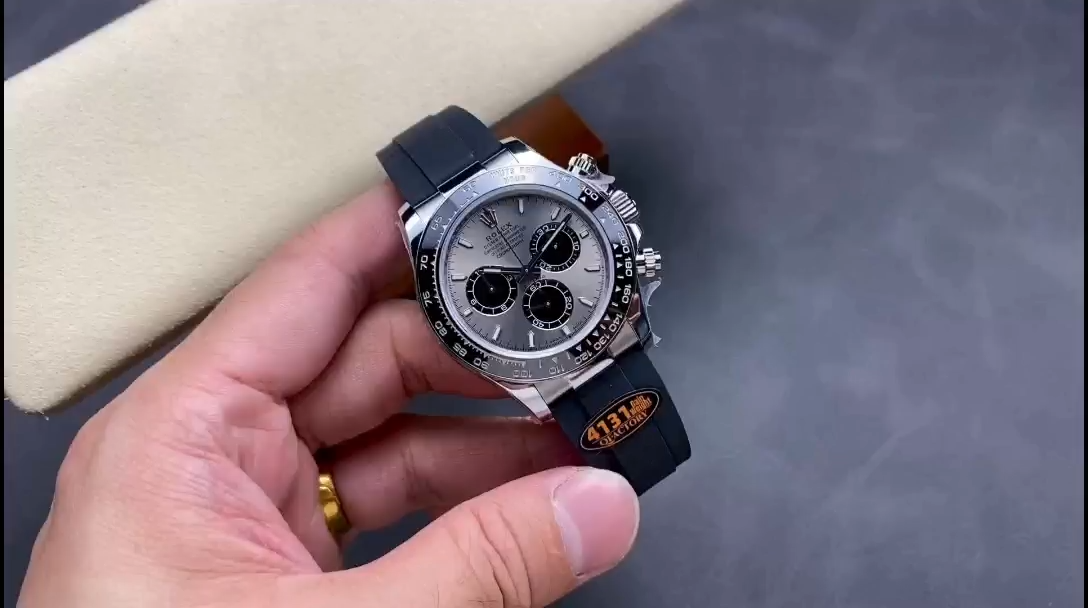 Rolex Daytona 116519 video, handheld front view, grey dial, black strap. - Video
