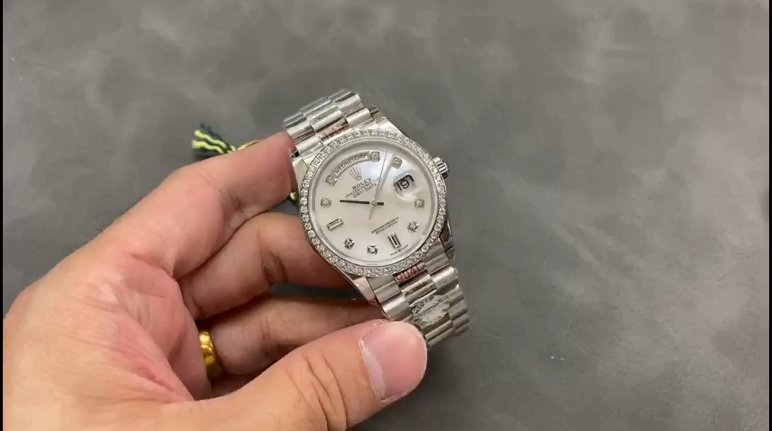 Rolex Day-Date 128349RBR White Mother of Pearl Dial Diamond Bezel 36MM Lady Replica Watch