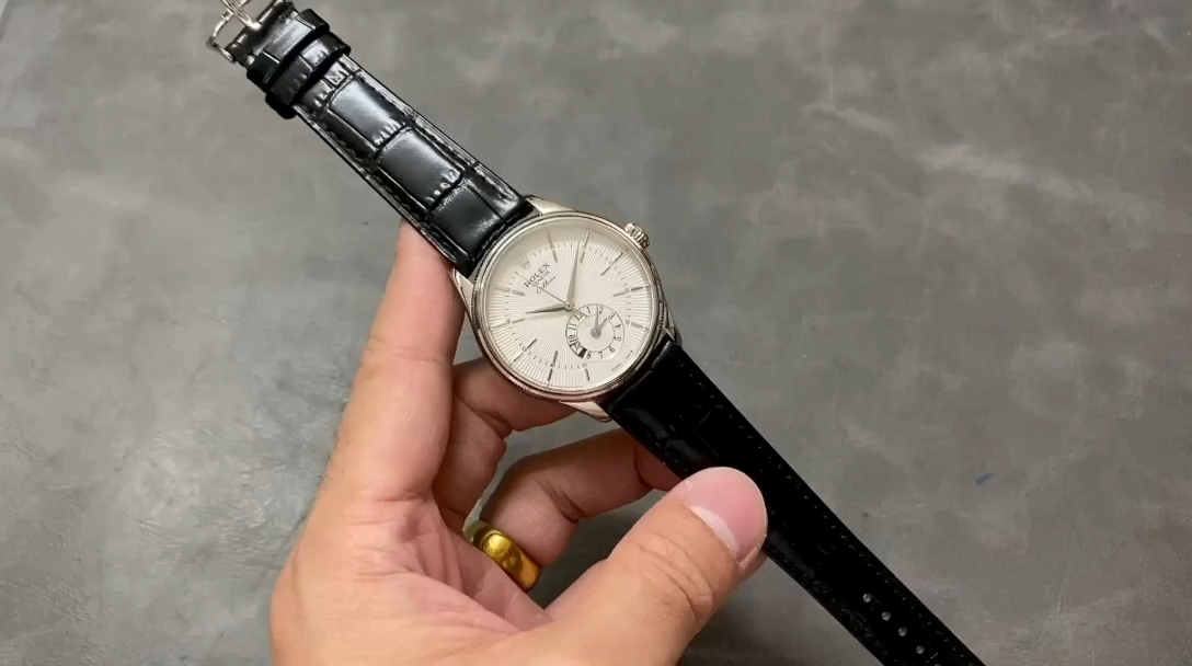 Rolex Cellini Dual Time 50529 Silver Sunburst Dial Black Leather Strap 39mm Mens Replica Watch - Video