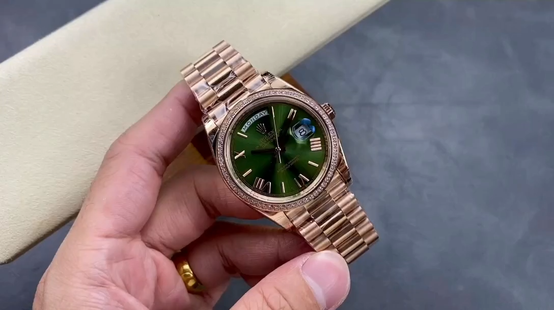 Rolex Day-Date 228345RBR 0011 Olive Green Roman Dial Diamond Bezel 40mm Mens Replica Watch