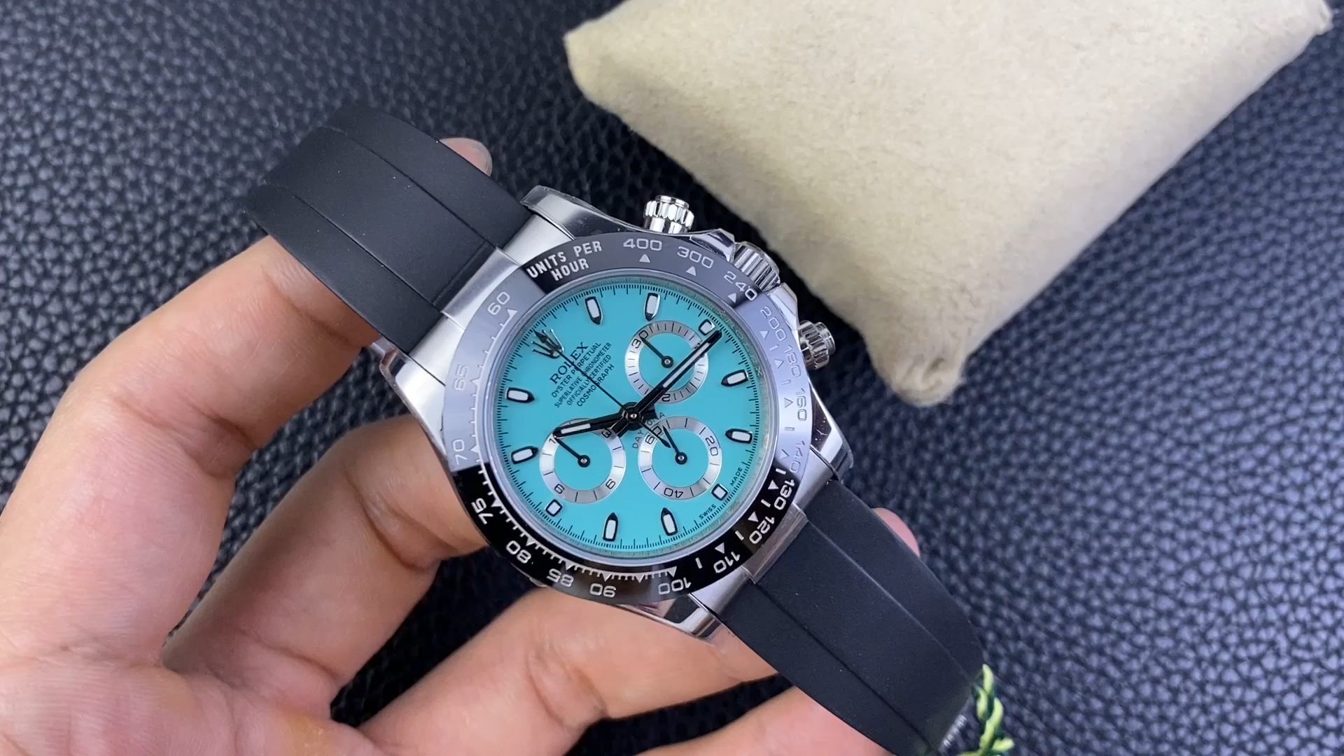 Hand-held video shot of Rolex Daytona 116519LN showing the ice-blue dial and black strap. - Video