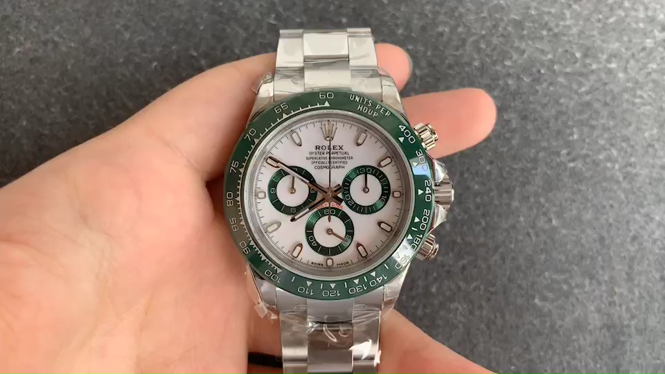 Hand-held video of Rolex Daytona 116500LV, showing the full watch on steel bracelet. - Video