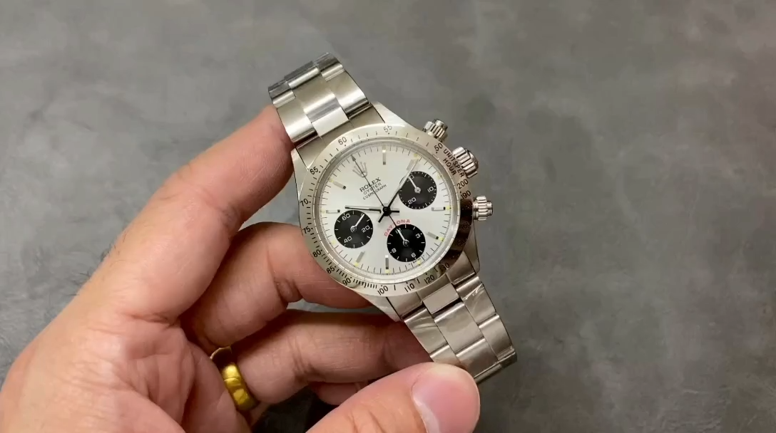 Rolex Daytona 6239, in-hand video showing the silver dial and black subdials. - Video
