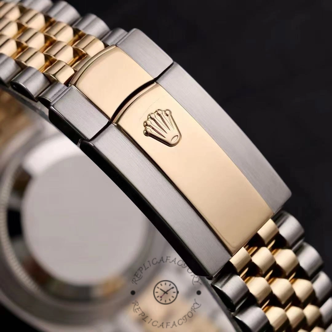 Clasp close-up of Rolex Datejust M126333-0012 showing Rolex coronet on the clasp cover.