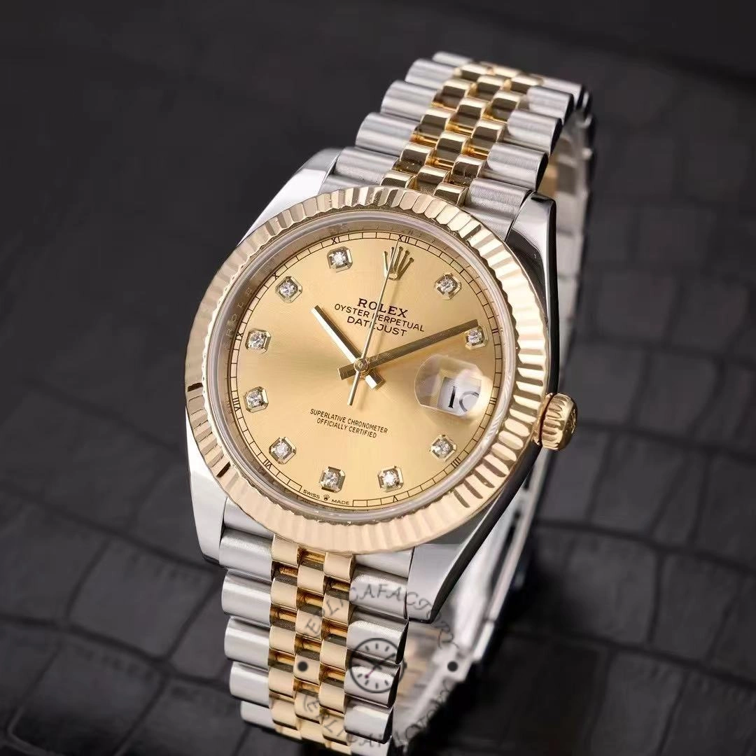Studio perspective view of Rolex Datejust M126333-0012 emphasizing fluted bezel reflections and two-tone finish.