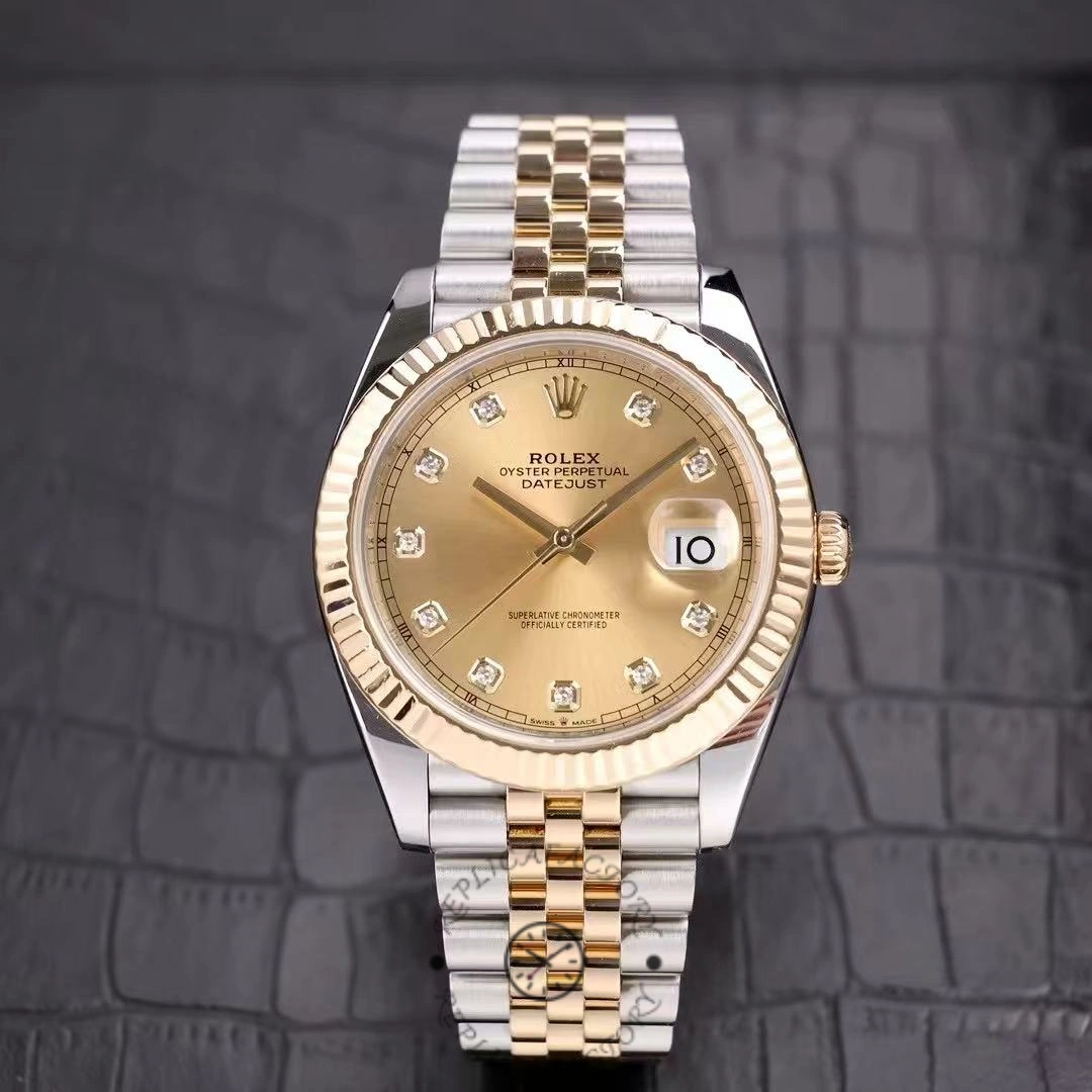 Studio full view of Rolex Datejust M126333-0012 with champagne dial and diamond markers on two-tone Jubilee bracelet.