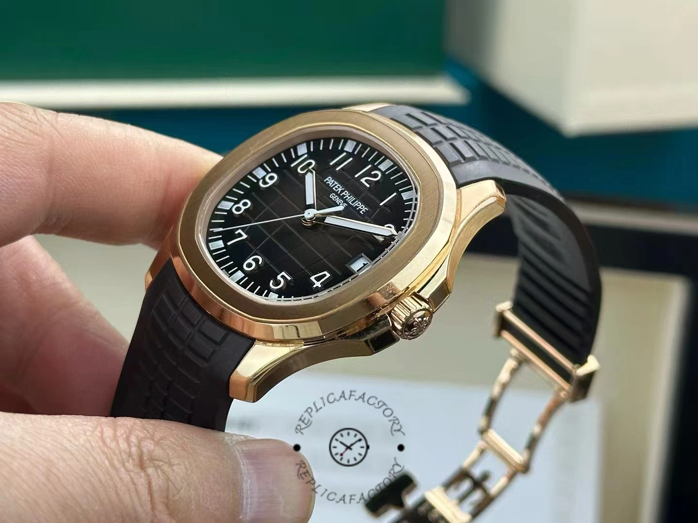 Side angle of Patek Philippe Aquanaut 5167R-001 showing polished case edge and crown position.