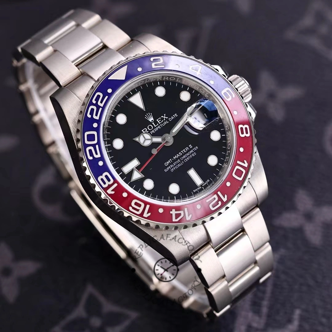 Rolex GMT-Master II 116719BLRO angled view, black dial and Pepsi bezel, Oyster bracelet.