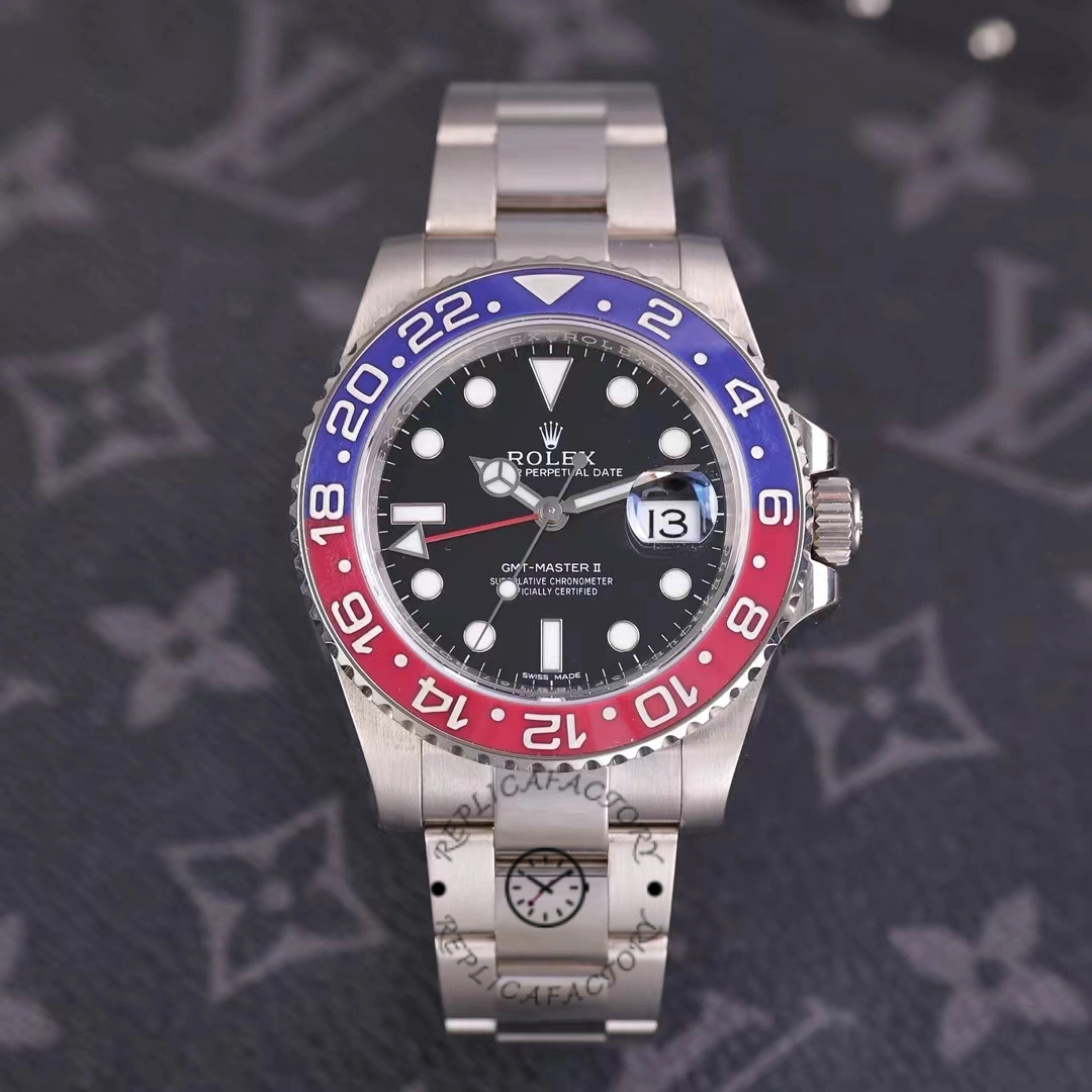 Rolex GMT-Master II 116719BLRO on patterned background, black dial, Pepsi bezel, front view.
