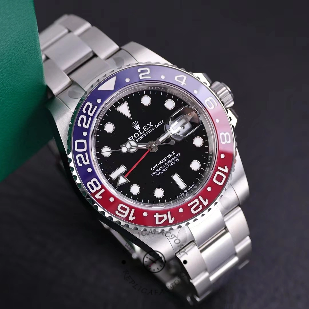 Angled studio view of the Rolex GMT-Master II 126710BLRO 0002 showing bezel and case.