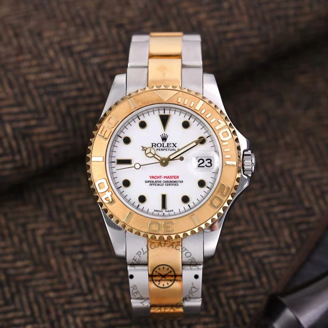 Lifestyle front view of Rolex Yacht-Master 168623, white dial, two-tone bracelet, 35mm.