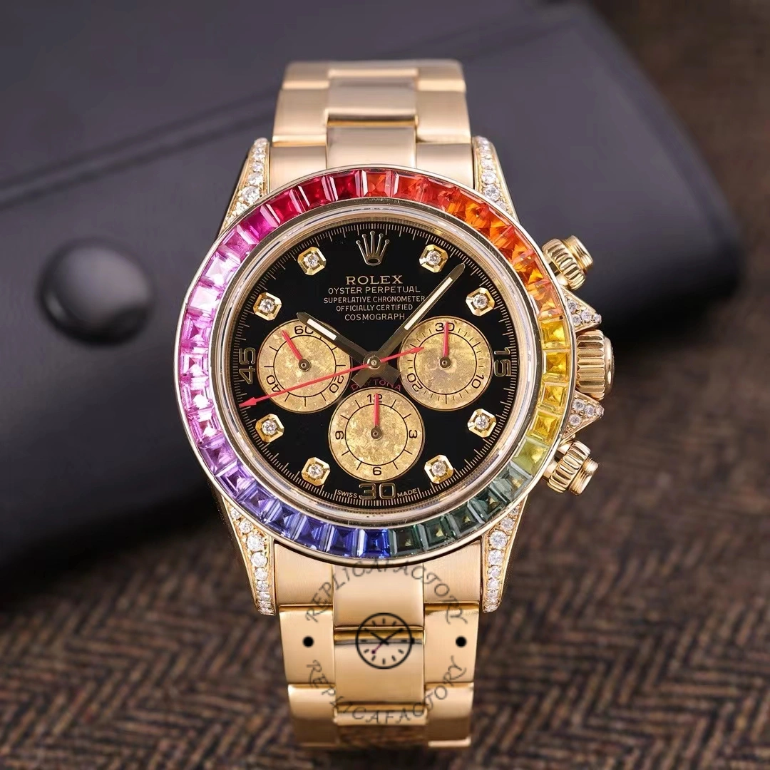 Front display of Rolex Daytona 116528 showing rainbow bezel and black diamond dial.
