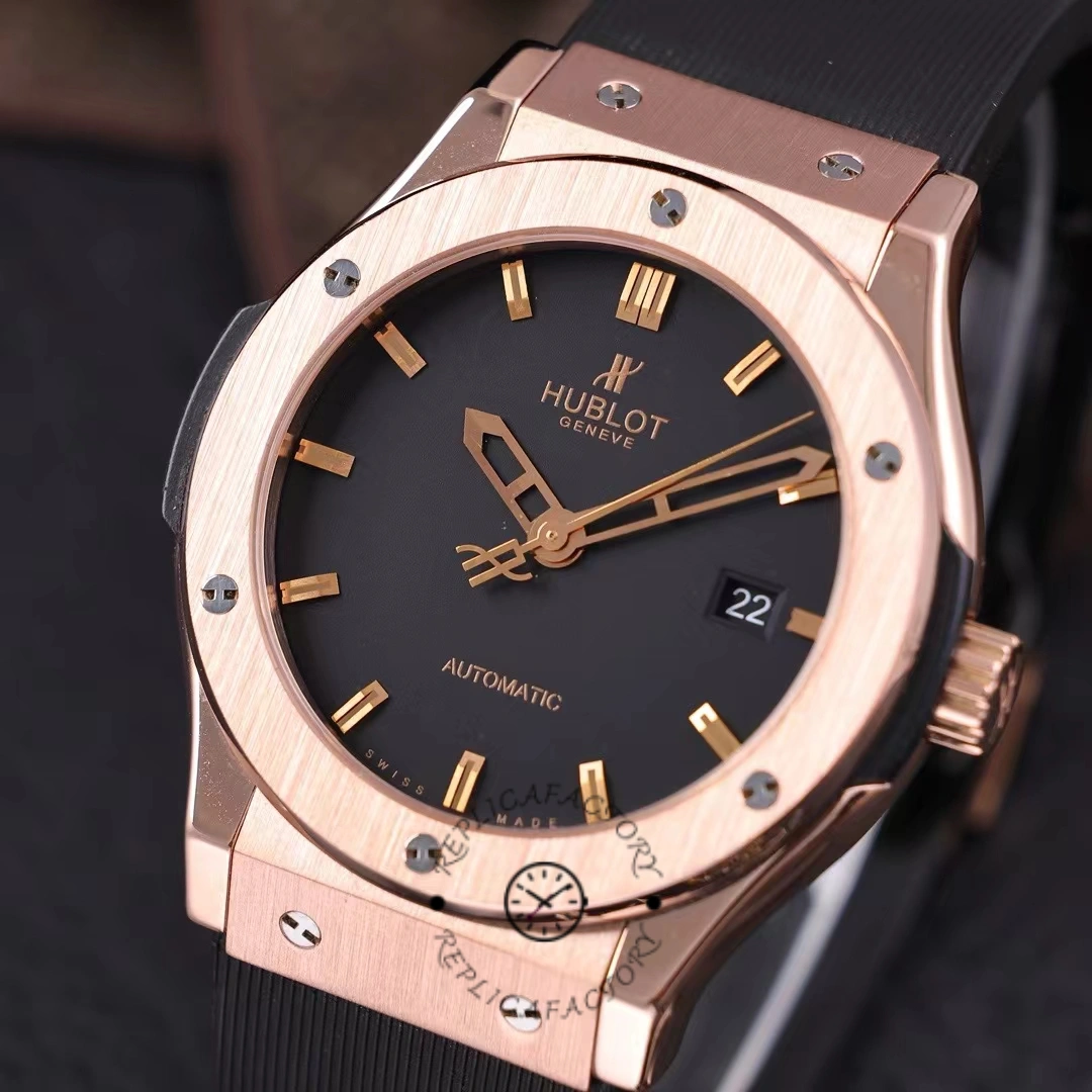 A close-up of the dial of Hublot Classic Fusion gold watch 542.OX.1181.RX, featuring a black dial and rose gold case.