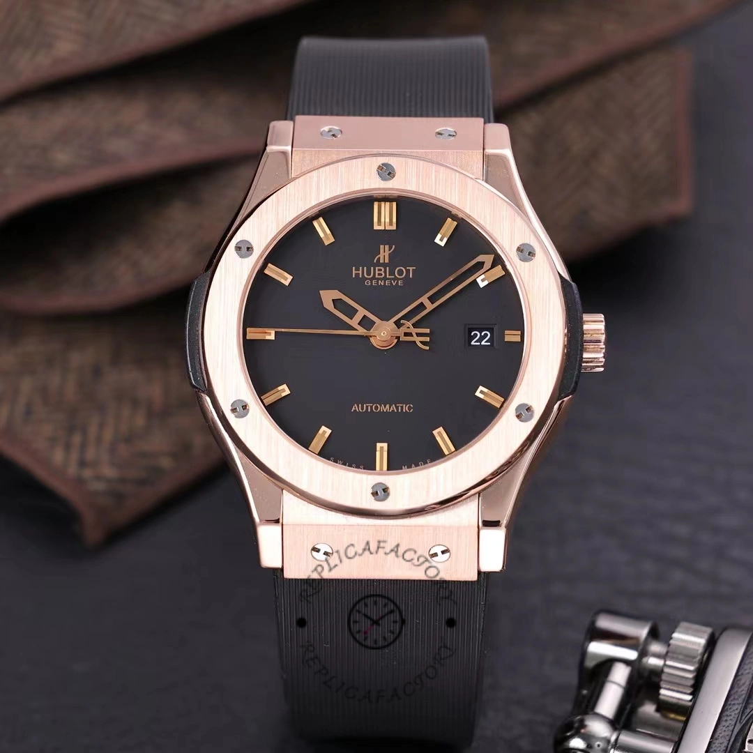 The Hublot Classic Fusion King Gold watch 542.OX.1181.RX is showcased with a focus on its black dial.