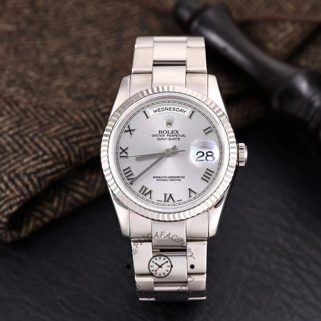 Rolex Day-Date 118239 white gold Silver Roman Numeral 36mm Unisex Replica Watch - Replica Factory