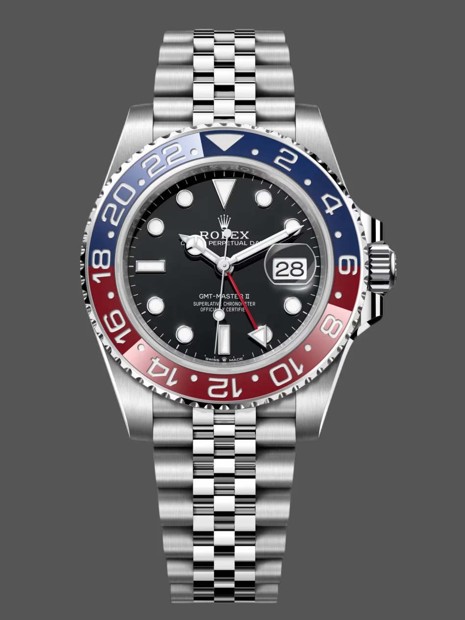 Rolex GMT-Master II 126710BLRO, full front view with black dial and red-blue Pepsi bezel on Jubilee bracelet. - Front view