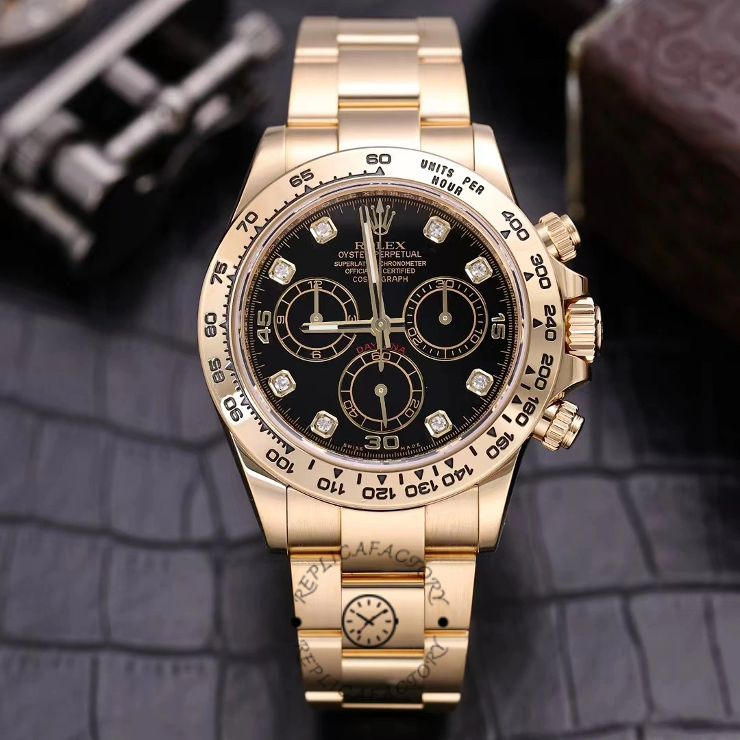 Rolex Daytona 116508 on black background, front view, black diamond dial and gold bezel.