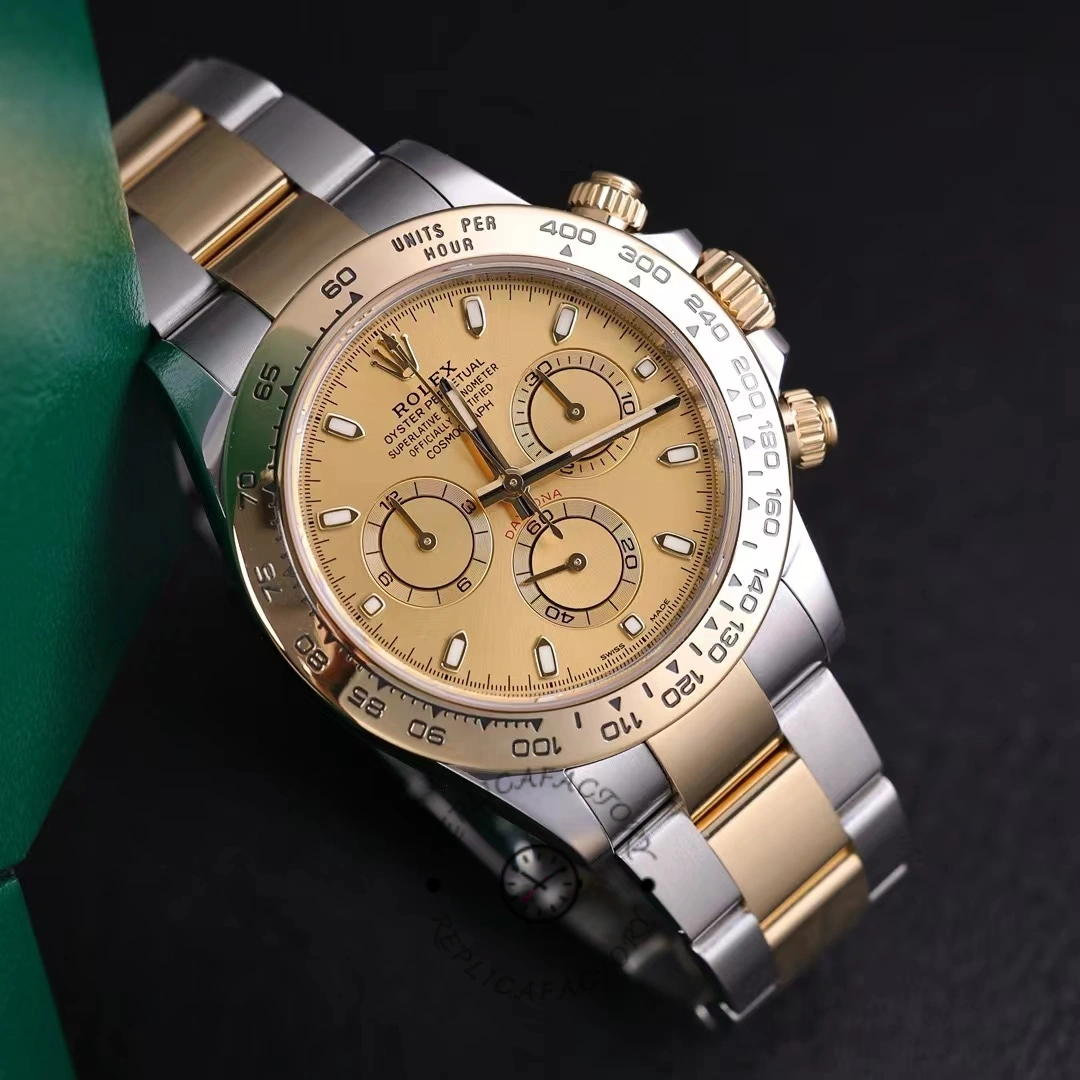 Rolex Daytona 116503 side angled view, yellow gold dial and two-tone bracelet.