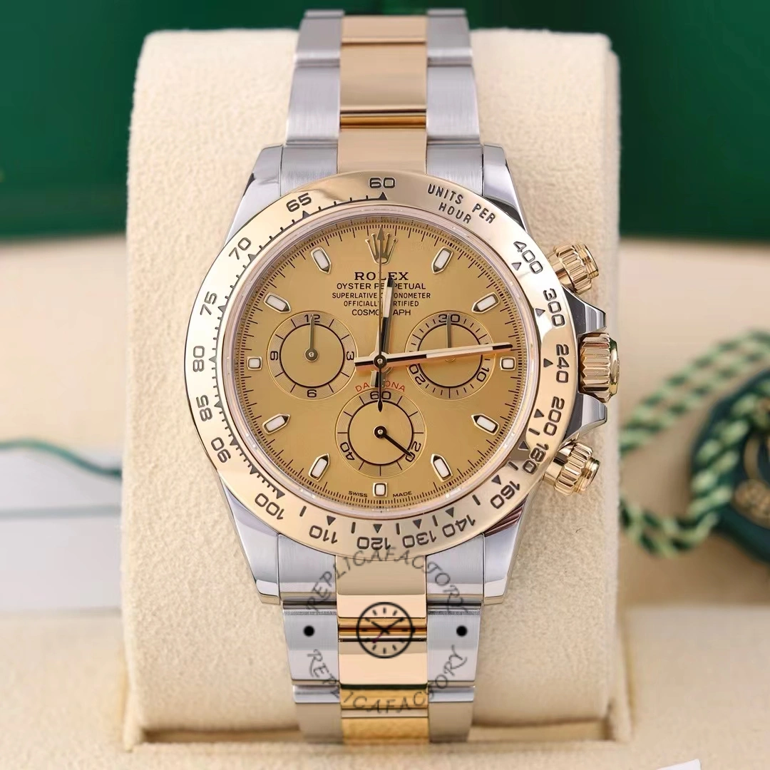 Rolex Daytona 116503 on stand, front view, champagne dial with chronograph subdials.