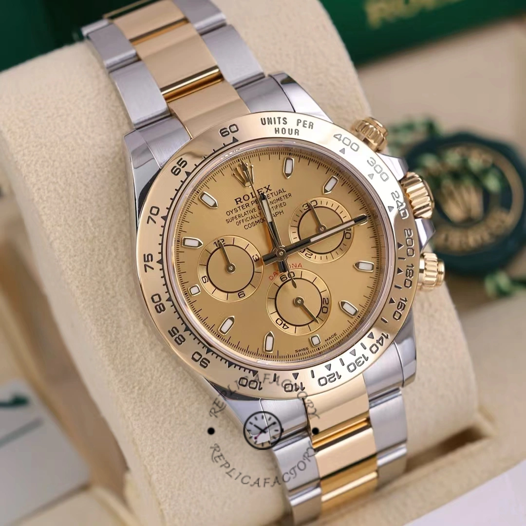Rolex Daytona 116503 on cushion, front view, champagne dial and gold tachymeter bezel.