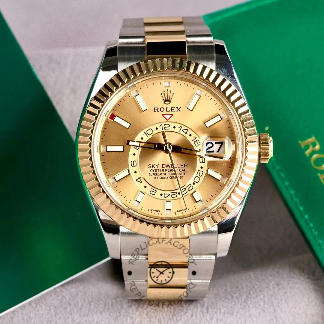 Rolex Sky-Dweller 326933 on green background, champagne dial and two-tone bracelet shown.