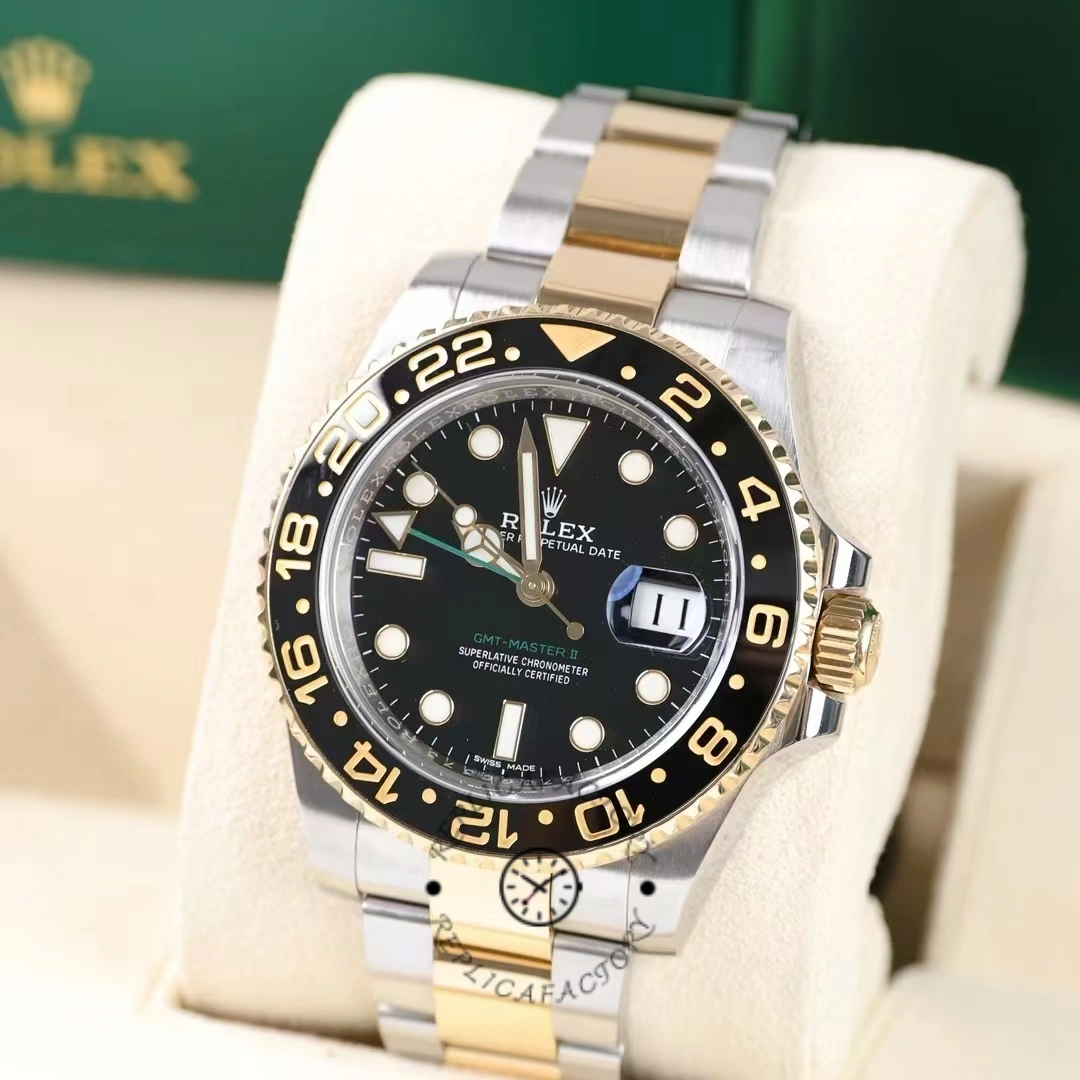 Front view of the Rolex GMT-Master II 116713LN on cushion, full case and bracelet visible.