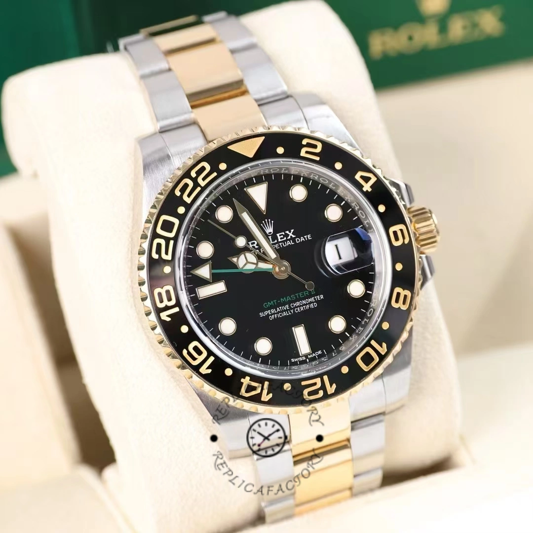 Angled front view of the Rolex GMT-Master II 116713LN showing the bezel and crown side.