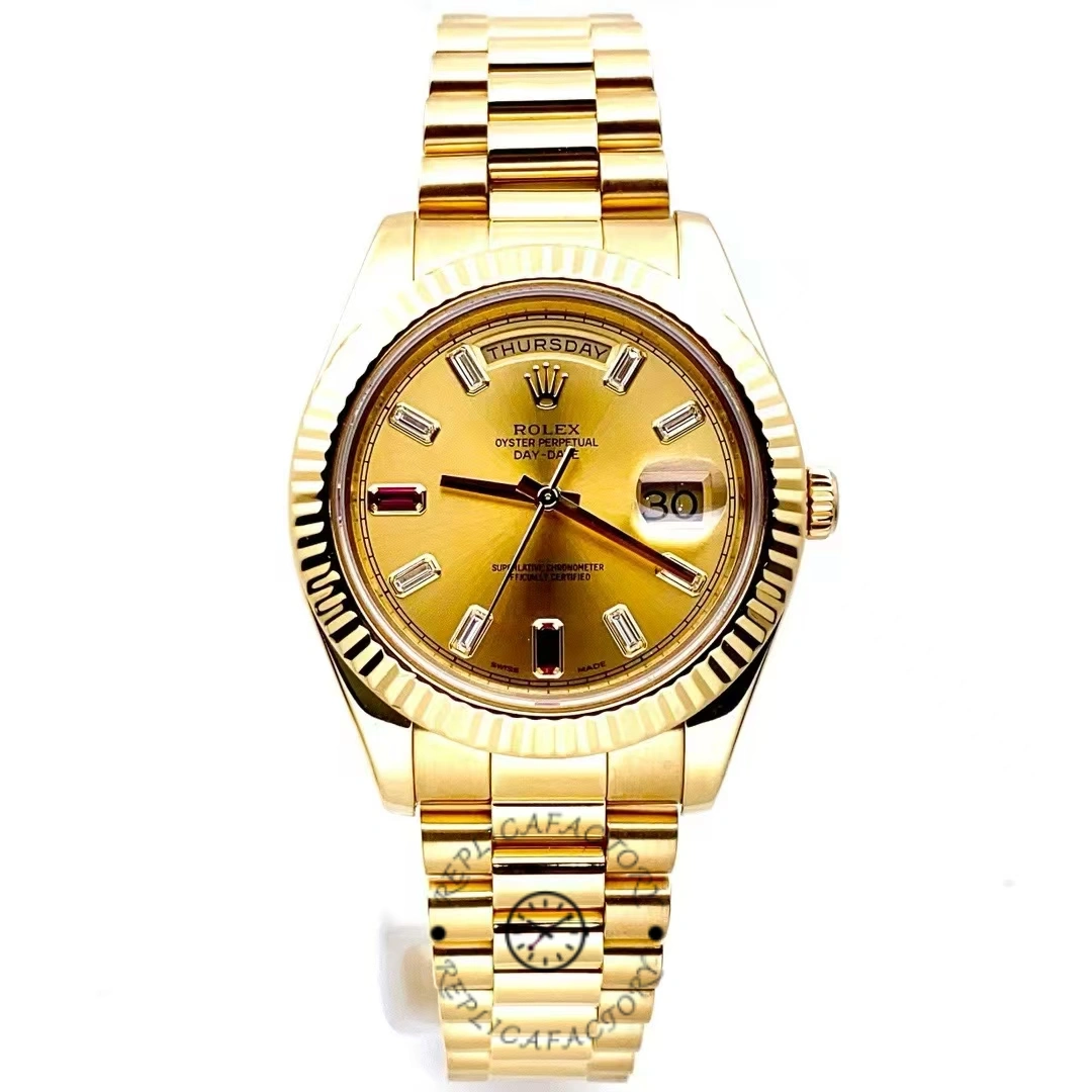 Rolex Day-Date 218238 Champagne Ruby Dial Yellow Gold 41MM Mens Replica Watch - Replica Factory