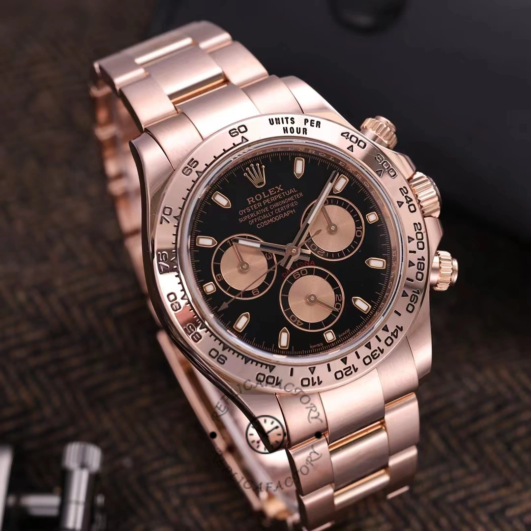 Angled wrist-shot of Rolex Daytona 116505, rose gold Oyster bracelet and black chronograph dial.