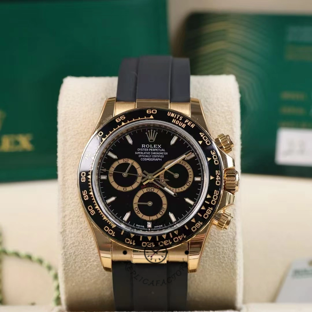 Rolex Daytona 126518LN on stand, front view, black dial and gold subdials.