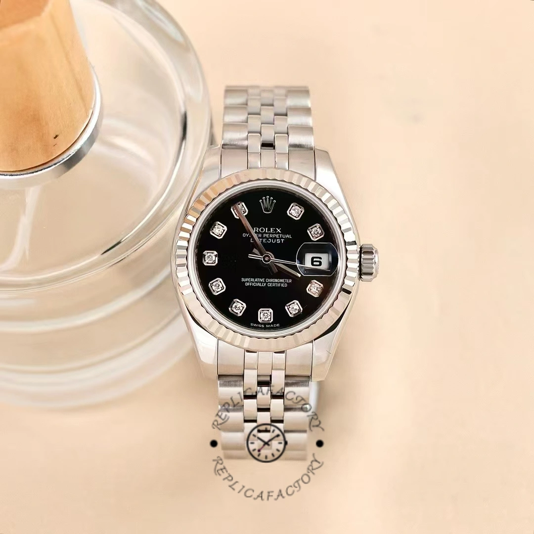 Rolex Datejust 179174 Black Diamond Dial Fluted Bezel 26MM Lady Replica Watch