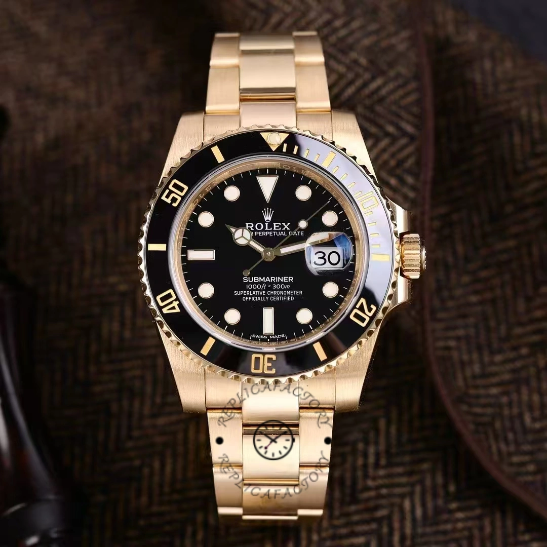 Rolex Submariner 116618, front view shot showing black dial and yellow gold case.