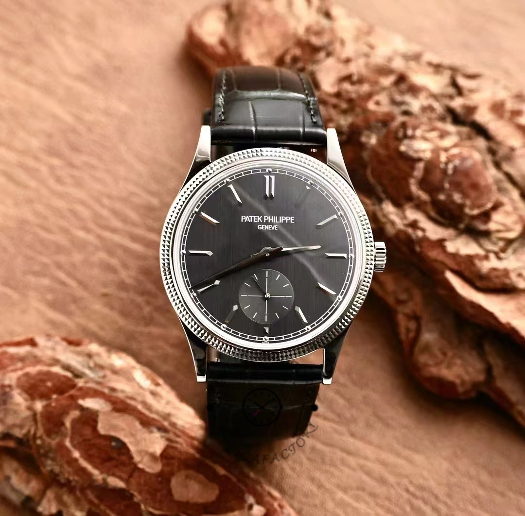Lifestyle shot of Patek Philippe Calatrava 6119G-001 on leather strap, showing dial and polished bezel.