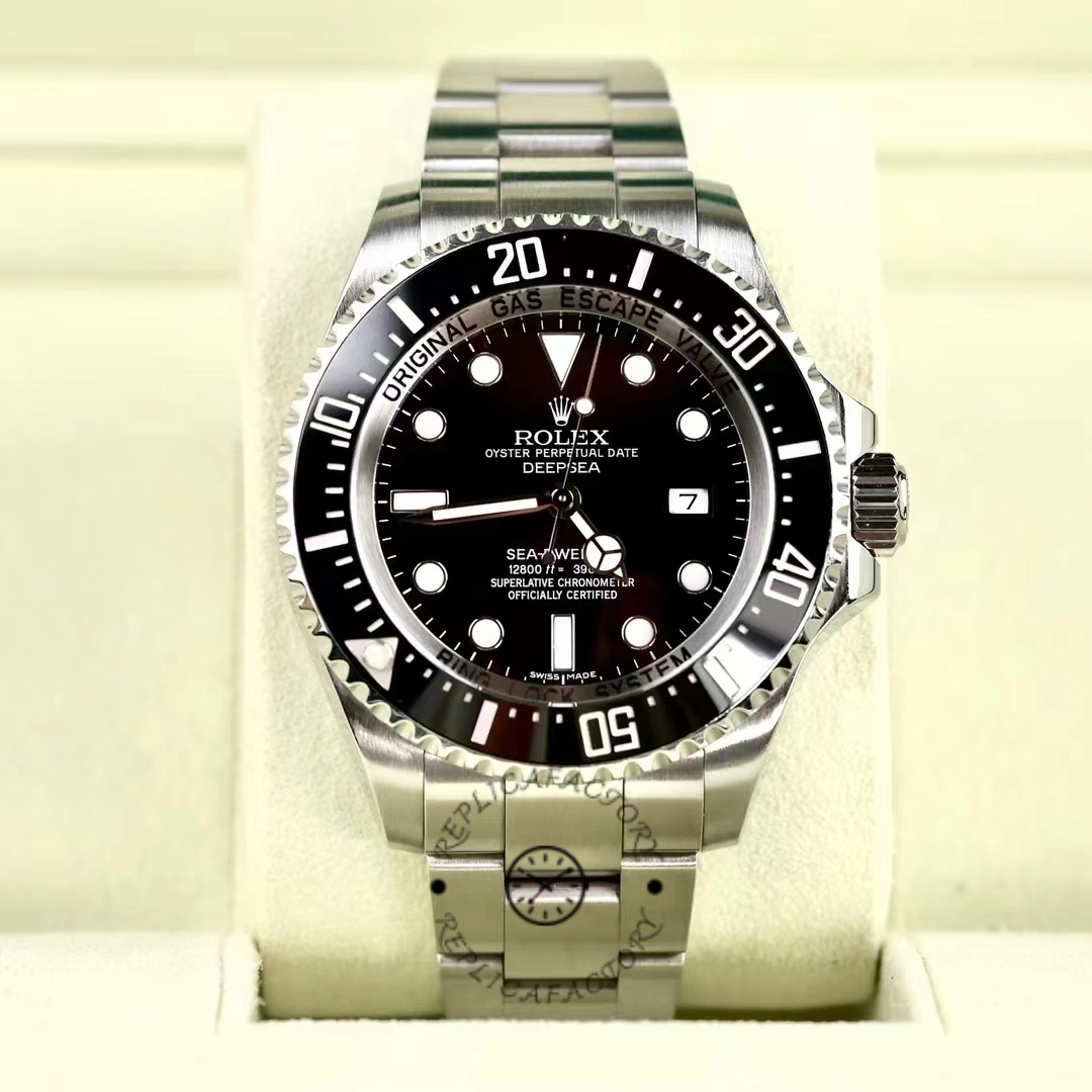 Close-up front view of the Rolex Sea-Dweller Deepsea 116660 black dial with luminous markers.