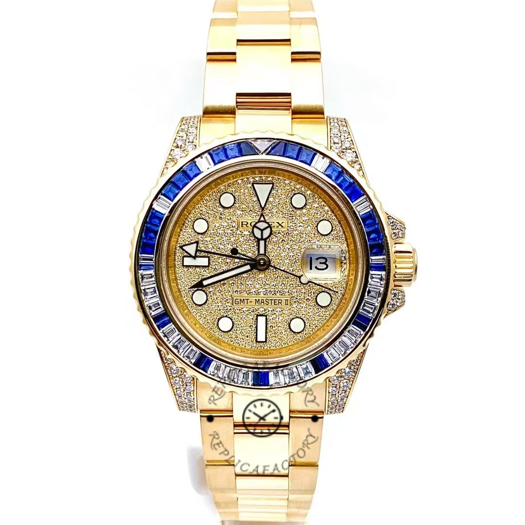 Full watch view of the Rolex GMT-Master II 116758, yellow gold bracelet and pave dial.