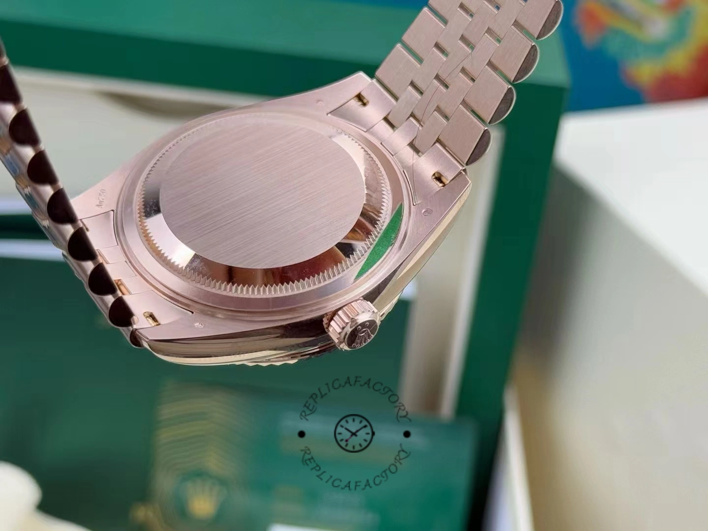 Caseback view of the Rolex Sky-Dweller m336935 0005 showing solid back and Everose bracelet.