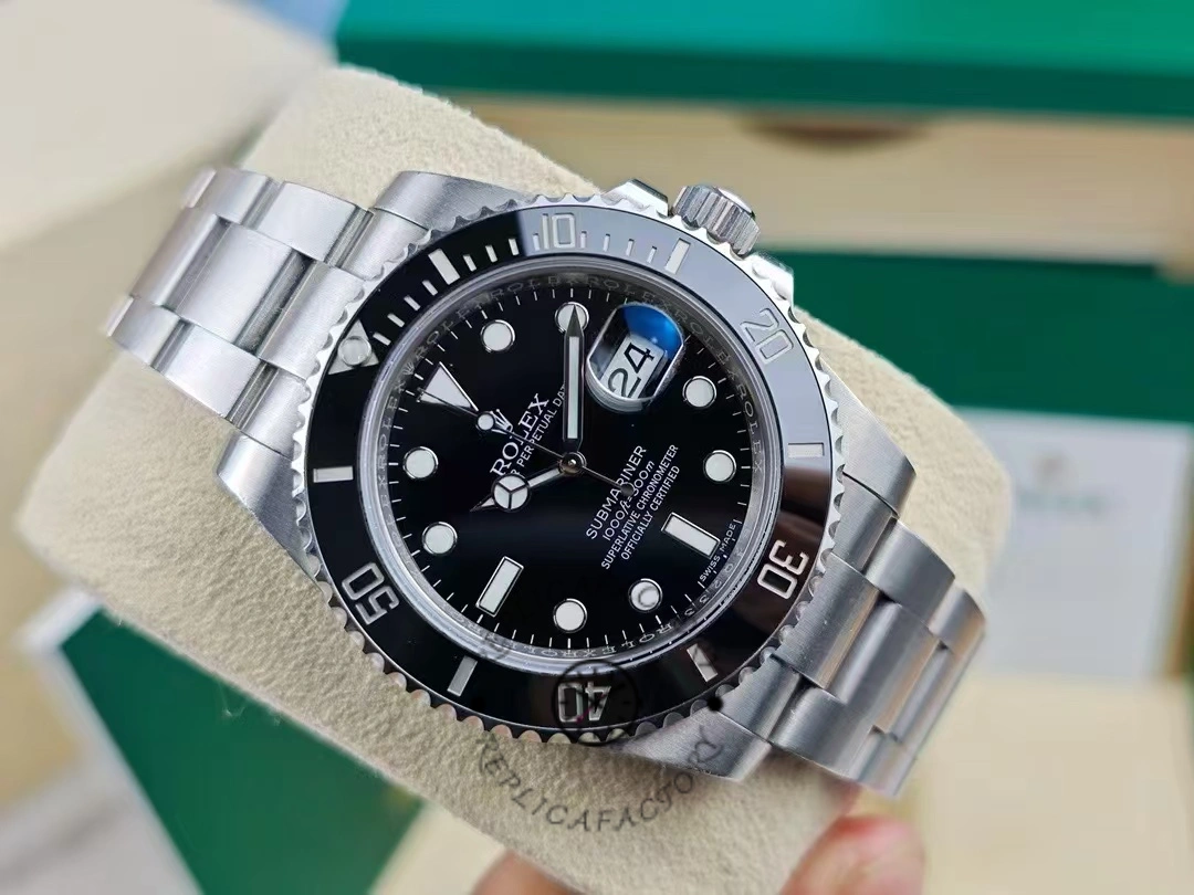 Angled side view of Rolex Submariner Date 126610LN Oystersteel automatic diver watch.