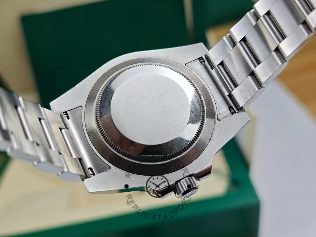 Caseback view of Rolex Submariner Date 126610LN showing solid brushed steel back.
