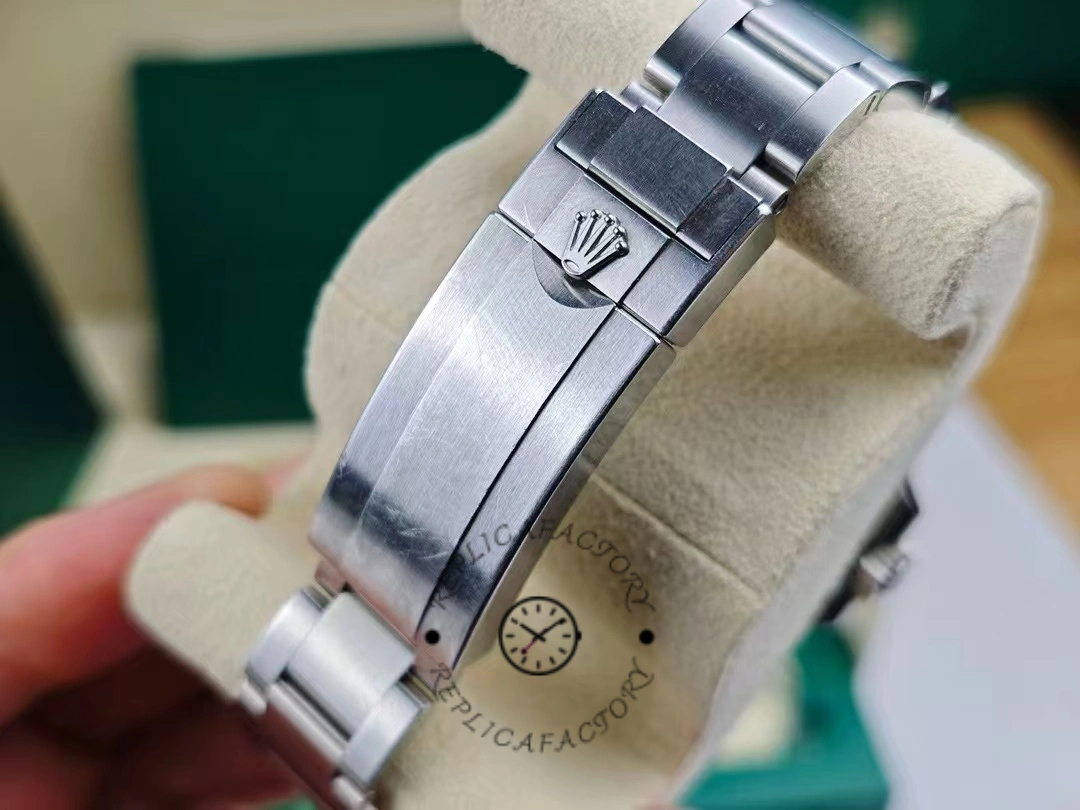 Clasp view of Rolex Submariner Date 126610LN showing Rolex crown logo on bracelet clasp.
