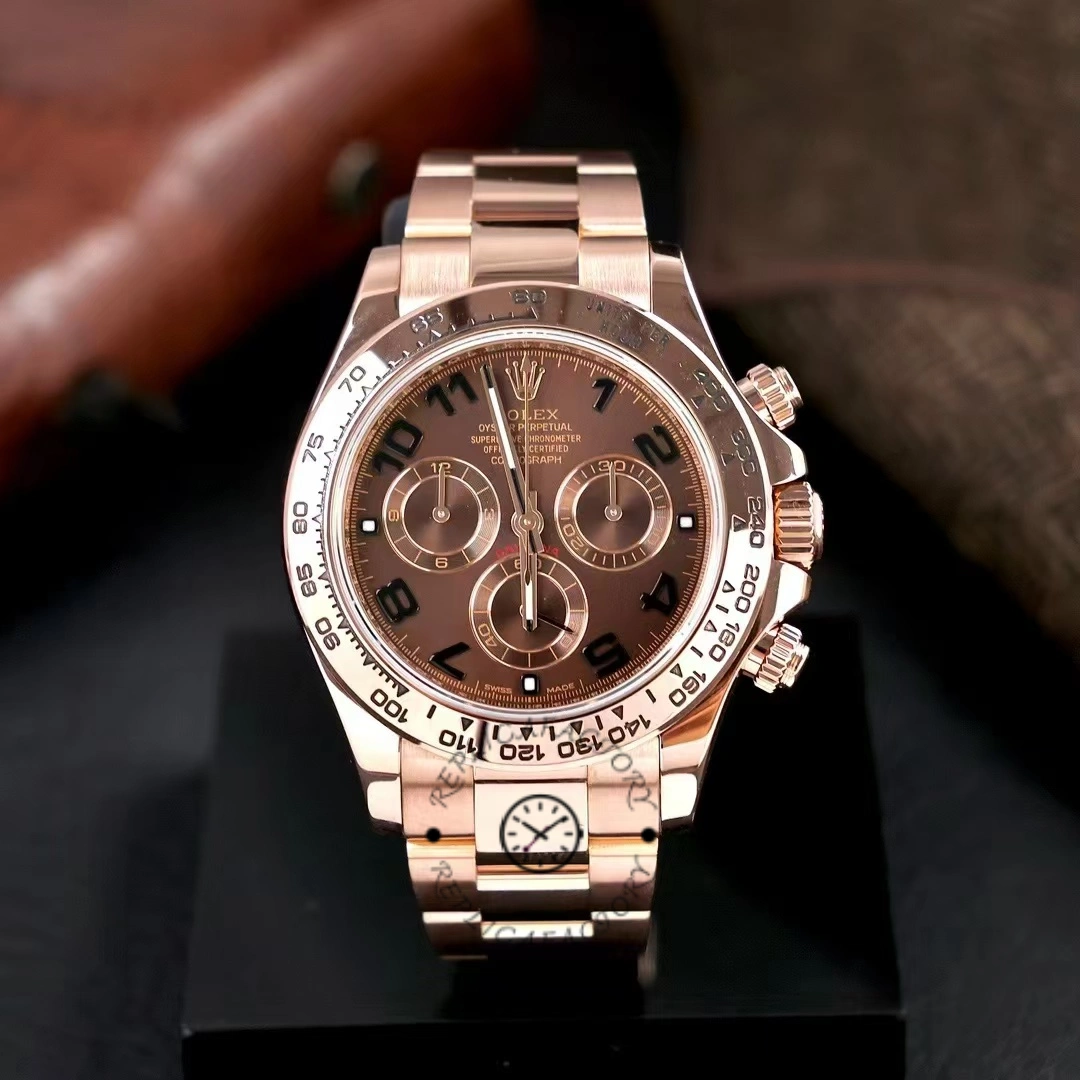 Rolex Daytona m116505 on black background, front view, brown dial and Everose bracelet.
